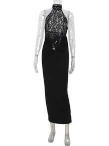 Vestido ajustado con encaje cuello colgante y espalda descubierta - Negro - Ver 10