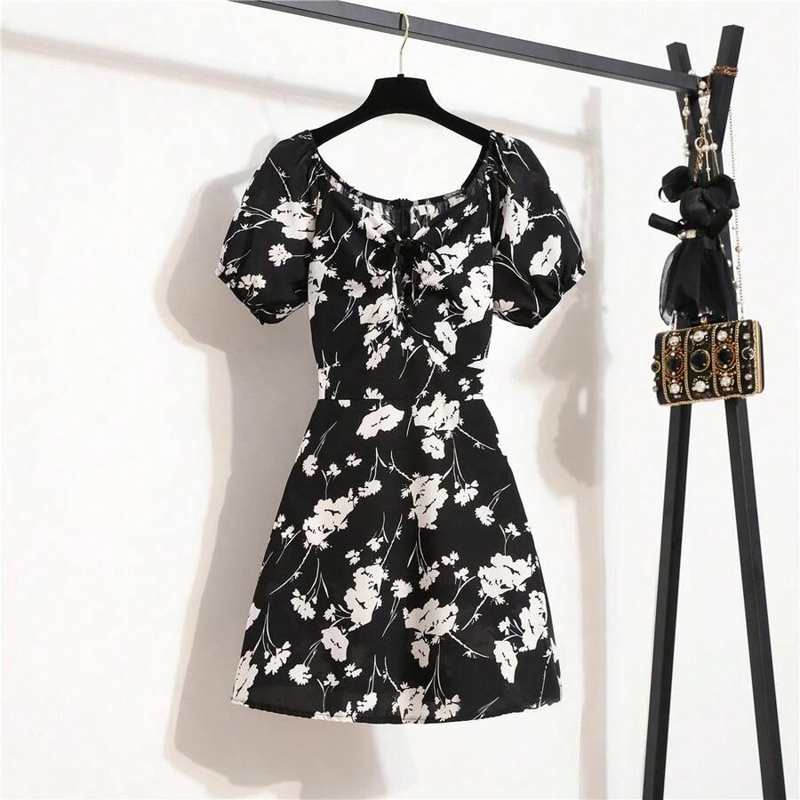 Minivestidos de mujer, moda de verano, Vestidos femeninos con estampado Floral, Vestidos de gasa fruncidos, plisado, manga corta acampanada, vestido informal - 4 - Ver 1