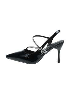 Zapatos de tacón de aguja elegantes para mujer 2026, con correa trasera, correa cruzada de strass y punta fina, tacones altos versátiles para fiesta, boda y noche - Negro - Ver 8