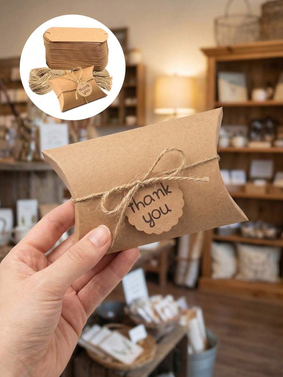 20pcs Kraft Paper Pillow Shaped Gift Boxes, Foldable Jewelry Storage Boxes With Jute Rope, Solid Color Pillow Shaped Gift Packaging Boxes, Suitable For Wedding Birthday Holiday (1/5/10/20pcs)