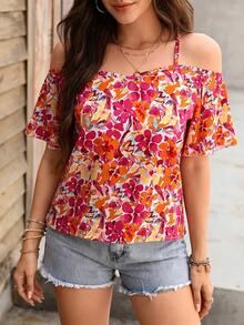 Top Camisero para Mujer, Estampado Floral, Tirantes Finos, Hombros Descubiertos, Manga Corta, Blusa Casual Boho para Primavera, Verano, Playa y Vacaciones - múltiple - Ver 3