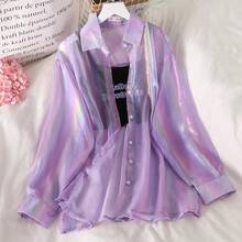 JMPRS-Tops holgados de arcoíris para mujer, camisas Harajuku, blusa de tul brillante, moda coreana de manga larga, Tops bonitos para playa de verano para mujer - Morado - Ver 2
