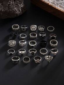 Bộ 20 chiếc nhẫn bạc phong cách Punk cổ điển - Thiết kế đầu lâu, quân bích, chuồn chuồn và mắt ác, nhẫn đeo xếp chồng theo phong cách Hip Hop Goth unisex. - Bạc cổ - Xem 3