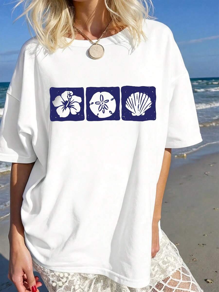 Ocean Treasure! Triple Print T-Shirt - White Casual Crew Neck Top With Ocean Elements (Shells, Starfish) - Machine Washable, Suitable For Beach Vacations, Daily Travel And Casual Outings, Beach Accessories, Loose Fit T-Shirt - 白色 - 查看 1