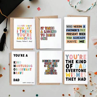 1/6 tấm thiệp chúc mừng Ngày của Cha kèm phong bì, thiệp hài hước tiếng Anh và tiếng Tây Ban Nha dành cho bố, kiểu chữ đầy màu sắc với khẩu hiệu "Huyền thoại" và "Người bố tuyệt vời", món quà sinh nhật vui nhộn dành cho bố/chồng.