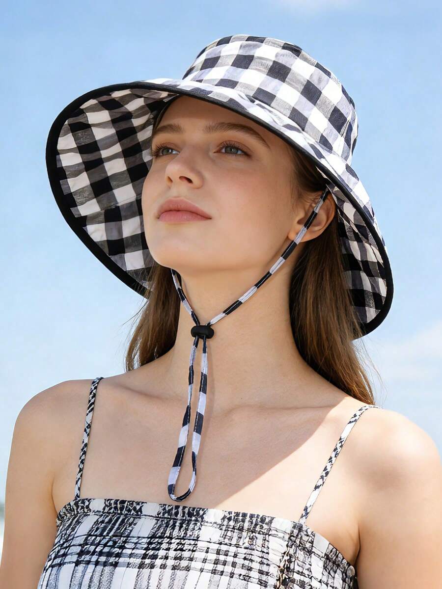 1顶女士格子图案褶皱帽檐渔夫帽，夏季防晒休闲户外渔夫帽