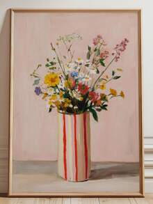 1pc Canvas Wall Art, Framed Wall Decor, Abstract Wildflower Bouquet Art, Soft Flowers In Striped Vase, Rustic Style Floral Poster, Pink Tone Farmhouse Style Artwork, Dreamy Floral Wall Art, Perfect For Bedroom, Living Room, Kids Room, Apartment, Dorm, Farmhouse Style Interior Decor - Multicolor - View 1