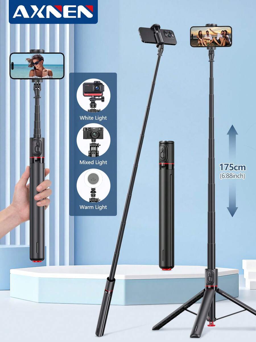 AXNEN 1800mm (70.87 pulgadas) Palo de selfie todo en uno con trípode de apertura automática, control remoto magnético, poste de aleación de aluminio extra largo, clip de teléfono giratorio desmontable, compatible con smartphones Apple y Android. Diseñado para actividades al aire libre, viajes, vlogging, grabación de video, fotografía y transmisión en vivo.