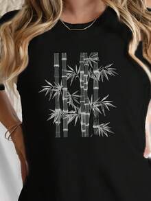 Minimalista Bamboo Stalks Hojas impresión camiseta, manga corta cuello tripulación top casual para verano y primavera, ropa de mujer - Negro - Ver 2