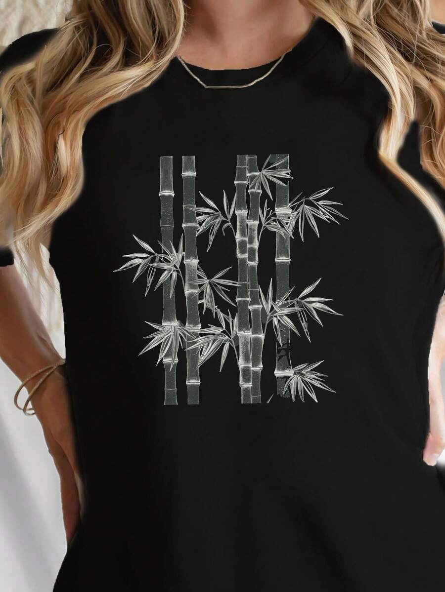 Minimalista Bamboo Stalks Hojas impresión camiseta, manga corta cuello tripulación top casual para verano y primavera, ropa de mujer