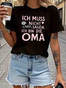 German Street Style T-Shirt Display With Granny Identity Slogan, Short Sleeve Crew Neck Casual Top For Summer And Spring, Women's Clothing - 黑色 - 查看 1