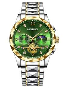 1pc Men's Stainless Steel Band Fashionable Moon Phase Multi-Function Quartz Wristwatch, Korean Style - A - View 4