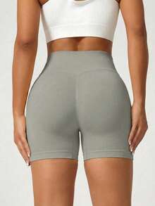 FWH #Slimming & Shaping# 女款無縫運動短褲，彈性腰帶，3D抓皺設計，舒適彈性腰，提臀抓皺效果，強化臀部線條，活動不受限，適合日常休閒、運動、健身、跑步，休閒提臀健身短褲 - 灰色 - 查看 3