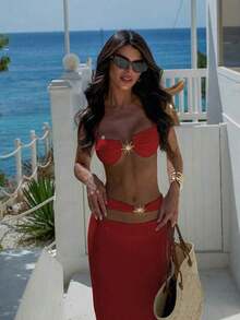 Nuevo conjunto de bikini con falda de cobertura para mujer, decoración de sol de metal, sexy, para verano y playa, color negro - Rojo - Ver 2