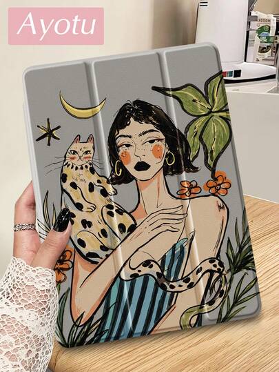 Ayotu 1 chiếc ốp bảo vệ máy tính bảng và Kindle hình cô gái và mèo báo, phù hợp với iPad Air 8 (M4) 2026 (11/13 inch), thế hệ thứ 10, 11/Air thế hệ thứ 4/Air thế hệ thứ 7/9.7 inch, Galaxy Tab A9 Plus, Kindle (thế hệ thứ 11 - ra mắt năm 2024) (6 inch), Kindle Paperwhite thế hệ thứ 12 2024, một món quà Giáng sinh thời trang và tối giản.