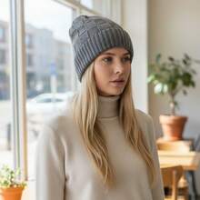 Short Checkered Wool Beanie Hat, Single Layer, Unlined - Gris - Ver 2