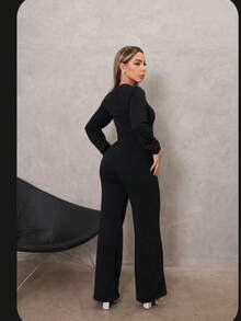 Women's Set: Wide Leg Pants And Long Sleeve Ribbed Knit Top - Premium Winter Casual Chic - 黑色 - 查看 2