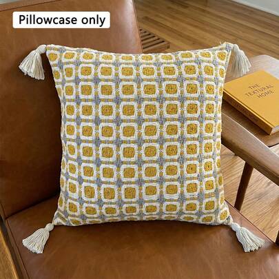1pc Yellow-Gray Geometric Plaid Throw Pillow Cover (Pillow Insert Not Included), Modern Home Square Cushion Cover With Elegant Tassel Decor, Decorative Sofa Pillow Case For Living Room Bedroom, Suitable For All Seasons, Home Decor, Holiday Gift