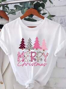 1 Piece Casual Fashion For Men And Women Plus Size - Women's Plus Size Christmas Graphic T-Shirt - Festive Leopard And Tree Design With Merry Christmas Print, Machine Washable Long Sleeve, Crew Neck, Christmas Gift Clothing, Versatile Casual Christmas Outfit Set, Easy To Match, Suitable For Daily Wear, Urban Style, Holiday Outfits, Weekend Outfits. - Blanco - 查看 1