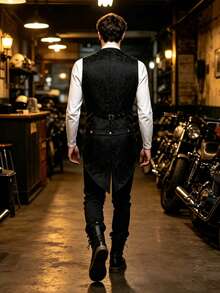 [Halloween & Christmas Bestseller]Dark Gothic Jacquard Vest, Vintage Double-Breasted Slim Fit Waistcoat, Medieval Steampunk Corset Outerwear, Stage Cosplay Costume, Halloween Masquerade Theme Party Outfit - Black - View 5