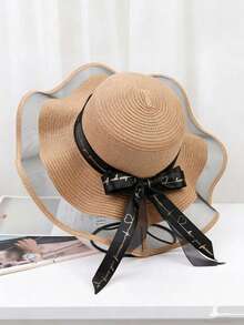 1 pieza Sombrero de sol plegable elegante para mujer - Caqui, con decoración de cinta de malla vintage, protección UV, adecuado para vacaciones de verano, días festivos, festivales - Multicolor - Ver 8