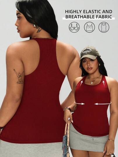 1pc Plus Size Camisole, 2-In-1 With Built-In Cup Holder, Racerback Tank Top, Slimming Outer Wear, Casual, Sports, Yoga, Women Vest