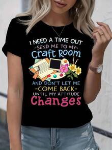 Camiseta de cuello redondo elegante de las mujeres, letras sueltas e impresas geométricas camiseta creativa de las mujeres, camiseta de cuello redondo de manga corta casual, ropa de mujer al aire libre de verano fiesta de otoño Acción de Gracias - Negro - Ver 2