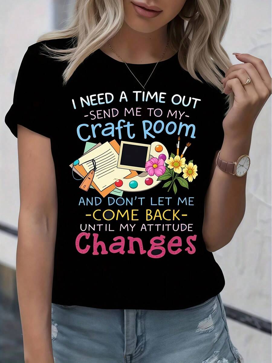 Camiseta de cuello redondo elegante de las mujeres, letras sueltas e impresas geométricas camiseta creativa de las mujeres, camiseta de cuello redondo de manga corta casual, ropa de mujer al aire libre de verano fiesta de otoño Acción de Gracias