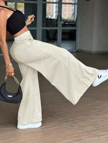 Pantalones anchos y sueltos de unicolor y casual para mujer, elegantes y minimalistas para la primavera - Albaricoque - Ver 6