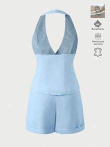 Setelan Pantai Kasual Elegan dari Linen untuk Liburan Sehari-hari, Pakaian Liburan Musim Panas Wanita (2 Potong) - Biru - View 5