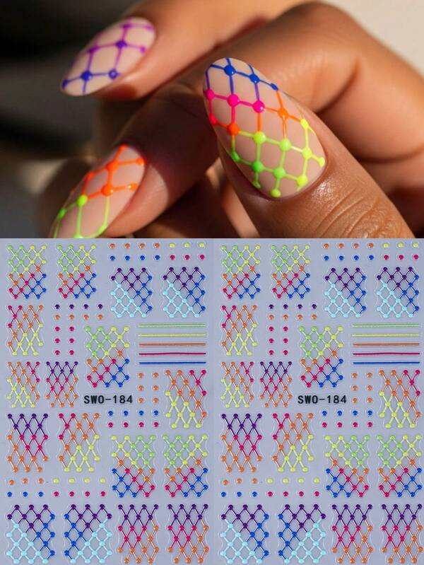 2pcs 5D Embossed Colorful Plaid Line Nail Stickers Neon Geometric Pattern Rainbow Self-Adhesive Nail Art Decor DIY Manicure Supplies For Women