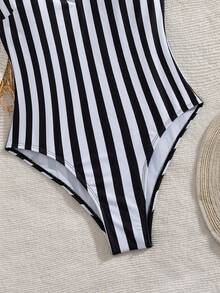 Women's Fashionable Sleeveless Striped One-Piece Swimsuit, High-Cut Design With Straps And Open Back, Perfect Bikini For Beach Wear Vacation - Black and White - View 7