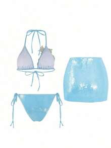 Swim Oasis Set de 3 piezas Nuevo traje de baño de triángulo con sujetador push-up, bordado floral y tela brillante de lentejuelas para mujer - Azul - Ver 2