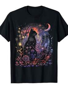 Unisex Gothic Black T-Shirt With Cat And Moon Design - Features Glow-In-The-Dark Elf And Mysterious Night Sky Patterns, Magical Moon Phase And Star Designs, Short Sleeves, Round Neck, Casual Wear, Suitable For Halloween/Festivals/Daily Wear, A Must-Have For Cat Lovers With A Silky Texture. - 黑色 - 查看 1
