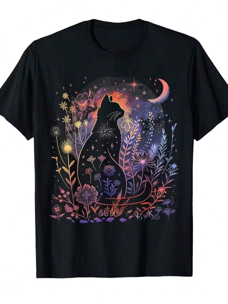 Unisex Gothic Black T-Shirt With Cat And Moon Design - Features Glow-In-The-Dark Elf And Mysterious Night Sky Patterns, Magical Moon Phase And Star Designs, Short Sleeves, Round Neck, Casual Wear, Suitable For Halloween/Festivals/Daily Wear, A Must-Have For Cat Lovers With A Silky Texture. - 黑色 - 查看 1