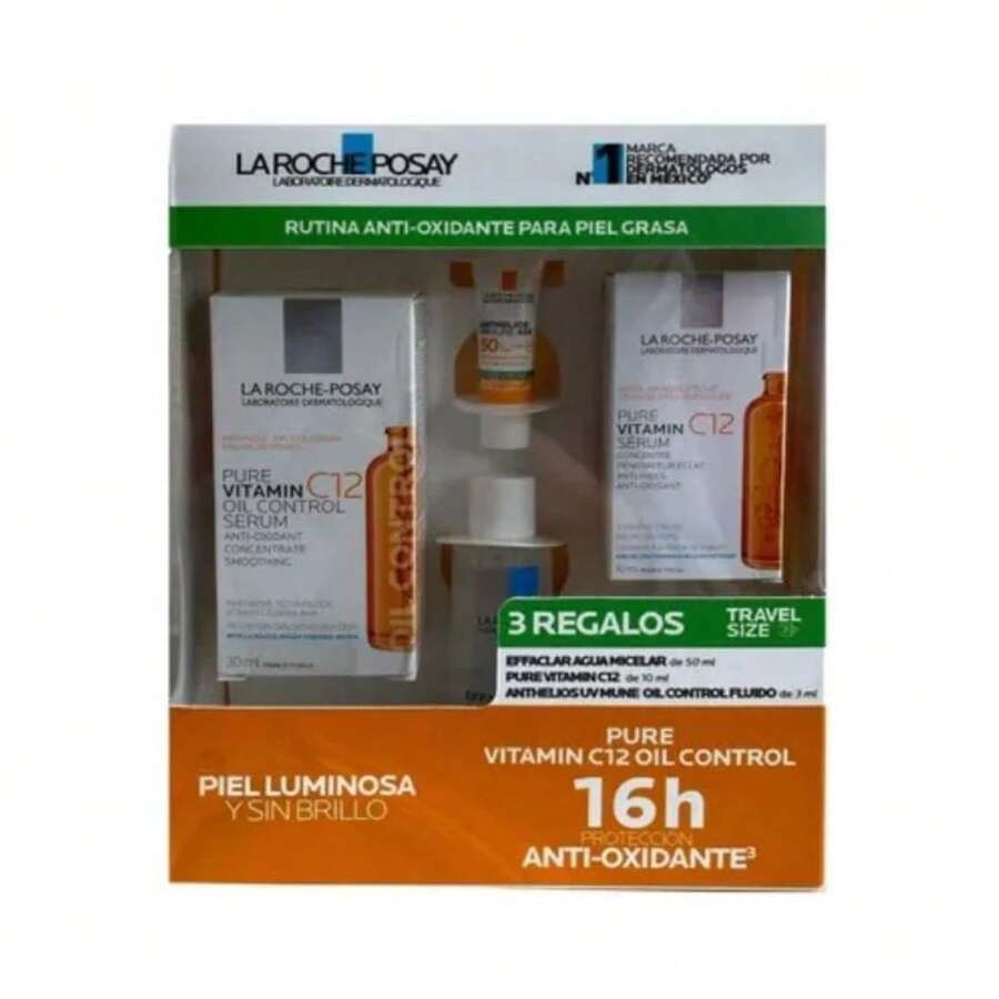 La Roche Posay Eucerin Kit Facial Completo Vitamina C12 Oil Control Serum 30 ml Agua Micelar 50 ml Mini Serum 10 ml Anthelios UV Mune SPF50+ rutina skincare piel grasa mixta anti edad iluminador control de brillo limpieza profunda hidratación protección solar diaria dermatológico - Vitamina C - Ver 1