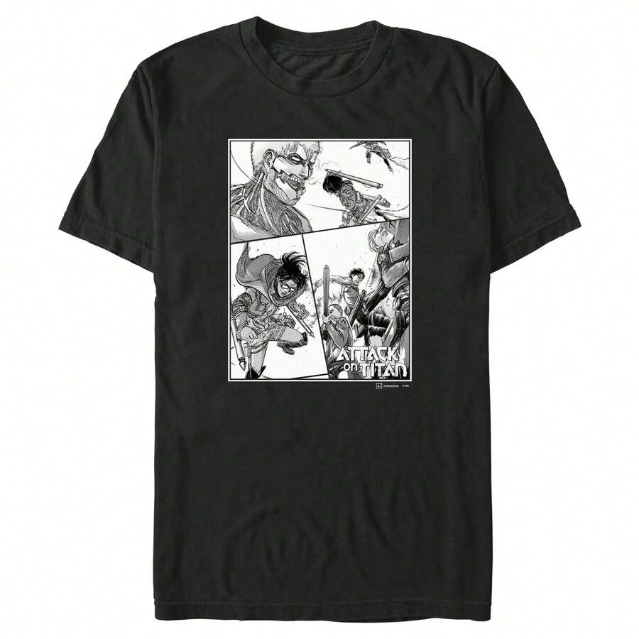 Camiseta de hombre con collage de paneles de Ataque a los Titanes - Negro - Ver 1