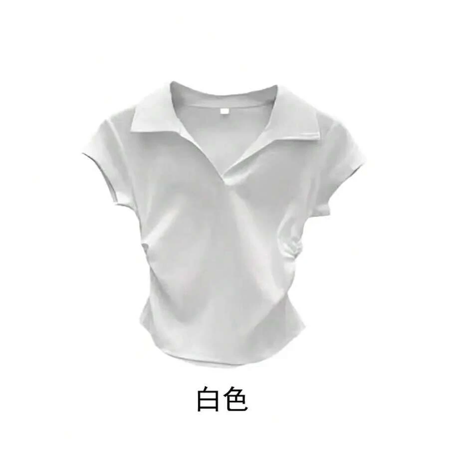 Camiseta Sexy de algodón para mujer, Top corto liso básico ajustado, Polo de manga corta, camiseta informal para mujer - Blanco - Ver 1
