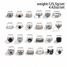 Bộ 20 chiếc nhẫn bạc phong cách Punk cổ điển - Thiết kế đầu lâu, quân bích, chuồn chuồn và mắt ác, nhẫn đeo xếp chồng theo phong cách Hip Hop Goth unisex. - Bạc cổ - Xem 6
