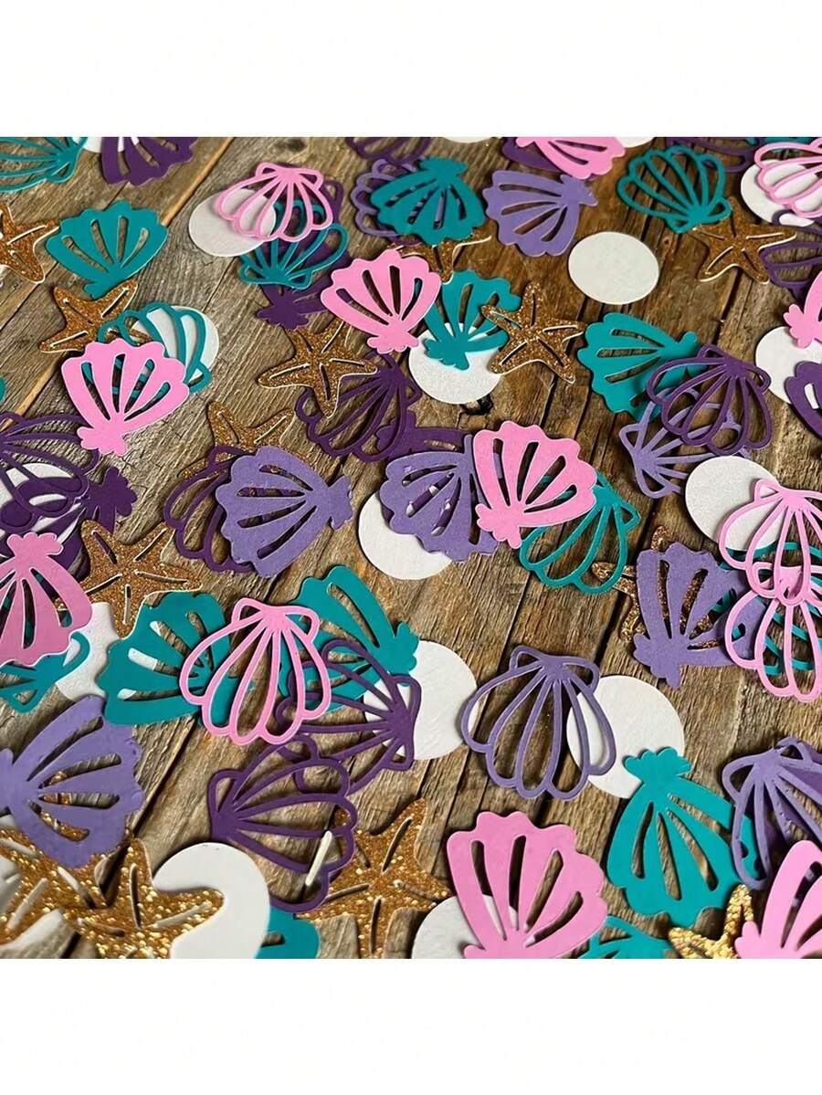 100 piezas/Paquete Confeti de conchas marinas, confeti decorativo de fiesta de sirena de colores, conchas marinas, estrellas de mar, perlas para esparcer en mesas, adecuado para fiestas festivas y decoración del hogar - Múltiples estilos - Ver 1