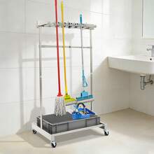 RainWeel Broom And Mop Holder, Freestanding Mobile Cleaning Tool Storage Rack, Mop And Broom Holder With 5 Mop Holders & 12 Hooks, Floor Standing Cleaning Tool Cart Storage For Home, Garden, Garage, School, Hospital - Silver + Gray - View 2