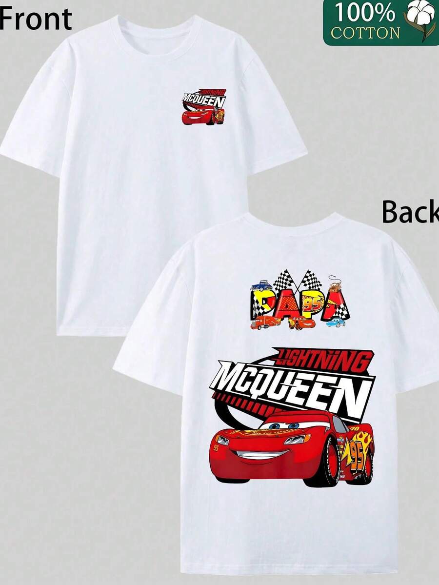 Disney Lightning McQueen Cars Graphic Tee, Casual White 100% Cotton Crewneck T-Shirt, Double-Sided Racing Car Print Short Sleeve Top, Streetwear For Men And Women, Perfect For Everyday Wear, Casual Outings, Summer Street Style, Ideal Holiday Gift For Car Fans, Breathable Comfortable All-Season Essential T-Shirt - trắng - Xem 1
