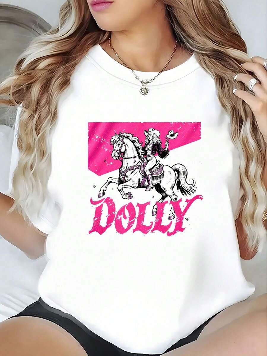 Women's 100% Cotton T-Shirt With Pink 'DOLLY' Lettering And Rider Graphic - Summer Short-Sleeved T-Shirt With Soft And Breathable Crew Neck, Suitable For Everyday Wear And Themed Events - 白色 - 查看 1