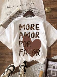2026新款豹纹“More Amor Por Favor”棕色爱心图案T恤，女士夏季度假装，女士休闲圆领短袖T恤 - 白色 - 查看 3