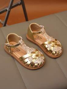 1 Pair Girls' Summer Sequin Sandals, Hollow Toe With Rhinestone Decor, Soft Wear-Resistant PU Material, Non-Slip Soft Sole Toe Protection, T-Strap Strap Toe Design, Flat Heel Sweet Princess Style Sandals, Suitable For Daily Wear, Outing, Street, Birthday, Children's Day And Other Occasions - Gold - View 6