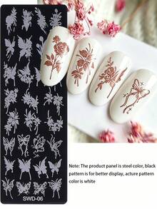 1件蝴蝶花朵美甲印花板，不锈钢美甲模板，郁金香玫瑰花卉图案，优雅浪漫线条艺术模板，适合DIY美甲，完美搭配春夏裸色和透明底油美甲用品，美甲配件工具 - 銀色 - 查看 2
