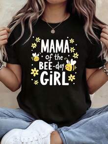 Women's T-Shirt With Floral And Bee Print For World Bee Day | Cute And Warm Short-Sleeved Style, Ideal For Bee-Themed Birthday Parties And Family Gatherings, Casual Spring/Summer Wear - 黑色 - 查看 1
