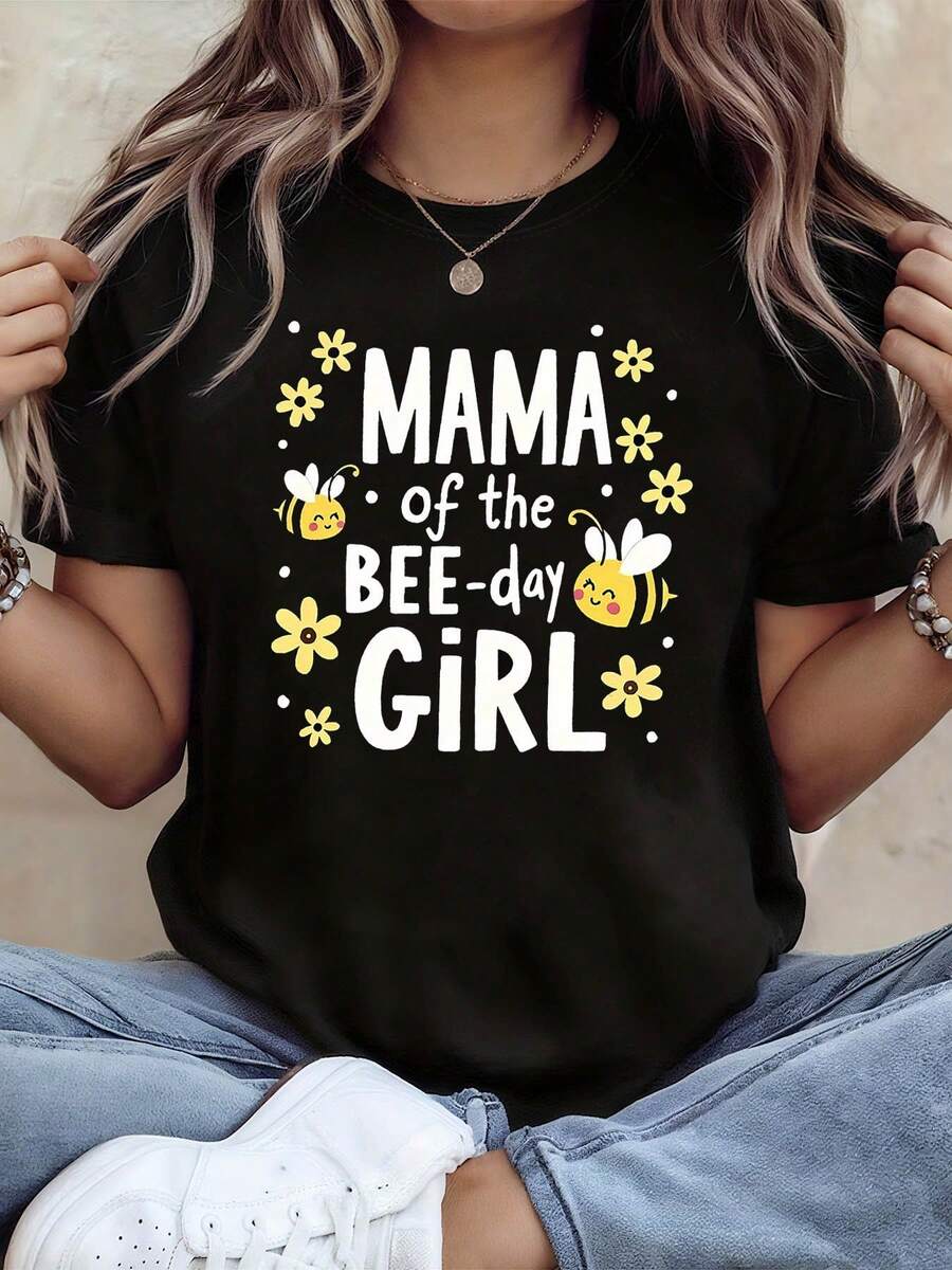 Women's T-Shirt With Floral And Bee Print For World Bee Day | Cute And Warm Short-Sleeved Style, Ideal For Bee-Themed Birthday Parties And Family Gatherings, Casual Spring/Summer Wear - 黑色 - 查看 1