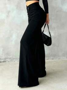 Pantalones rectos negros sólidos, casuales y elegantes para mujer.La línea de cintura asimétrica en forma de V acentúa las curvas, adecuados para uso diario, oficina, citas y vacaciones de primavera - Negro - Ver 5