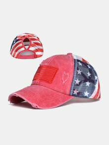 1頂美國國旗愛國馬尾卡車帽女款復古做舊棒球帽高馬尾網面後方戶外遮陽帽 - 美國國旗 - 查看 2